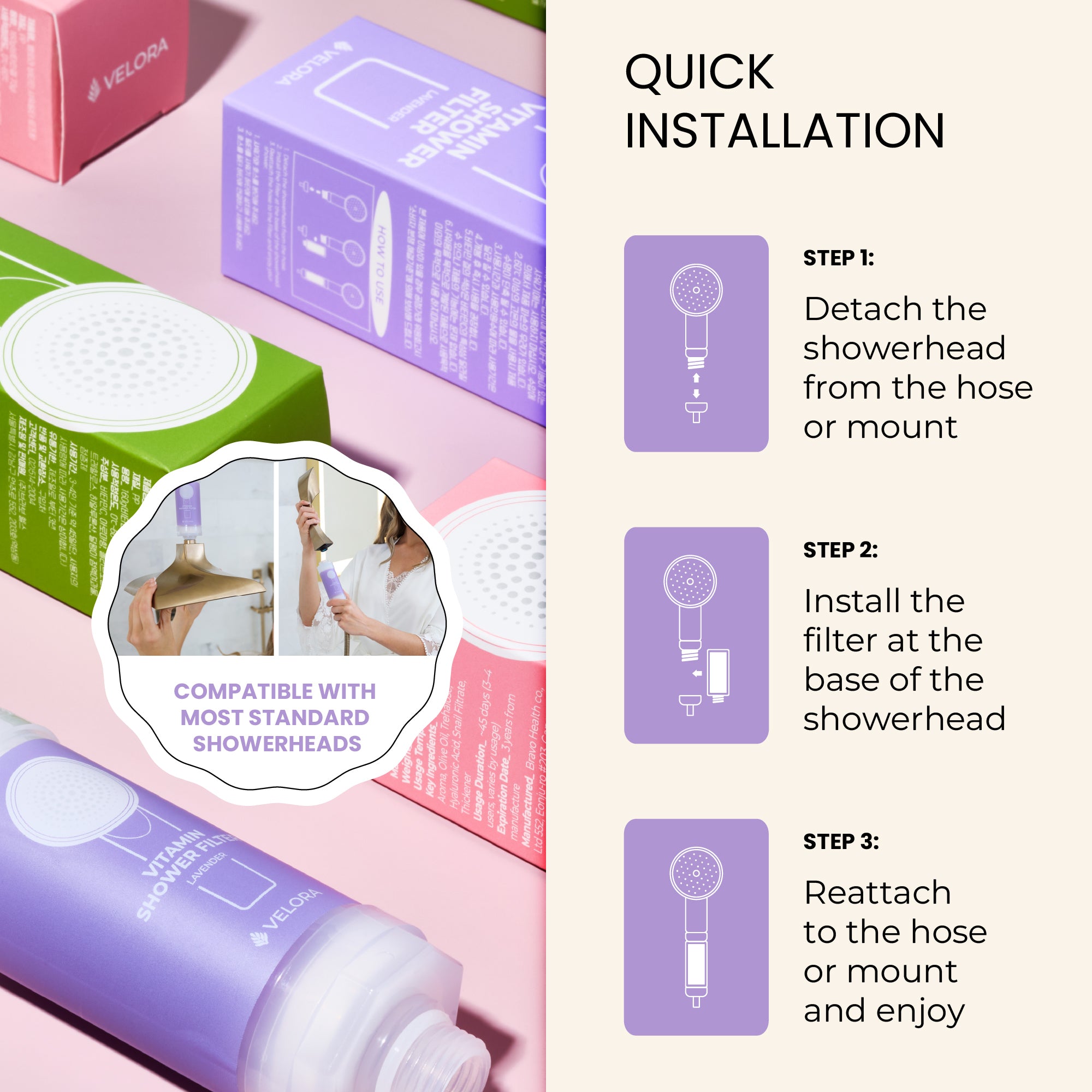 VELORA Vitamin C Shower Filter – Levender Aromatherapy Water Softener for Skin & Hair