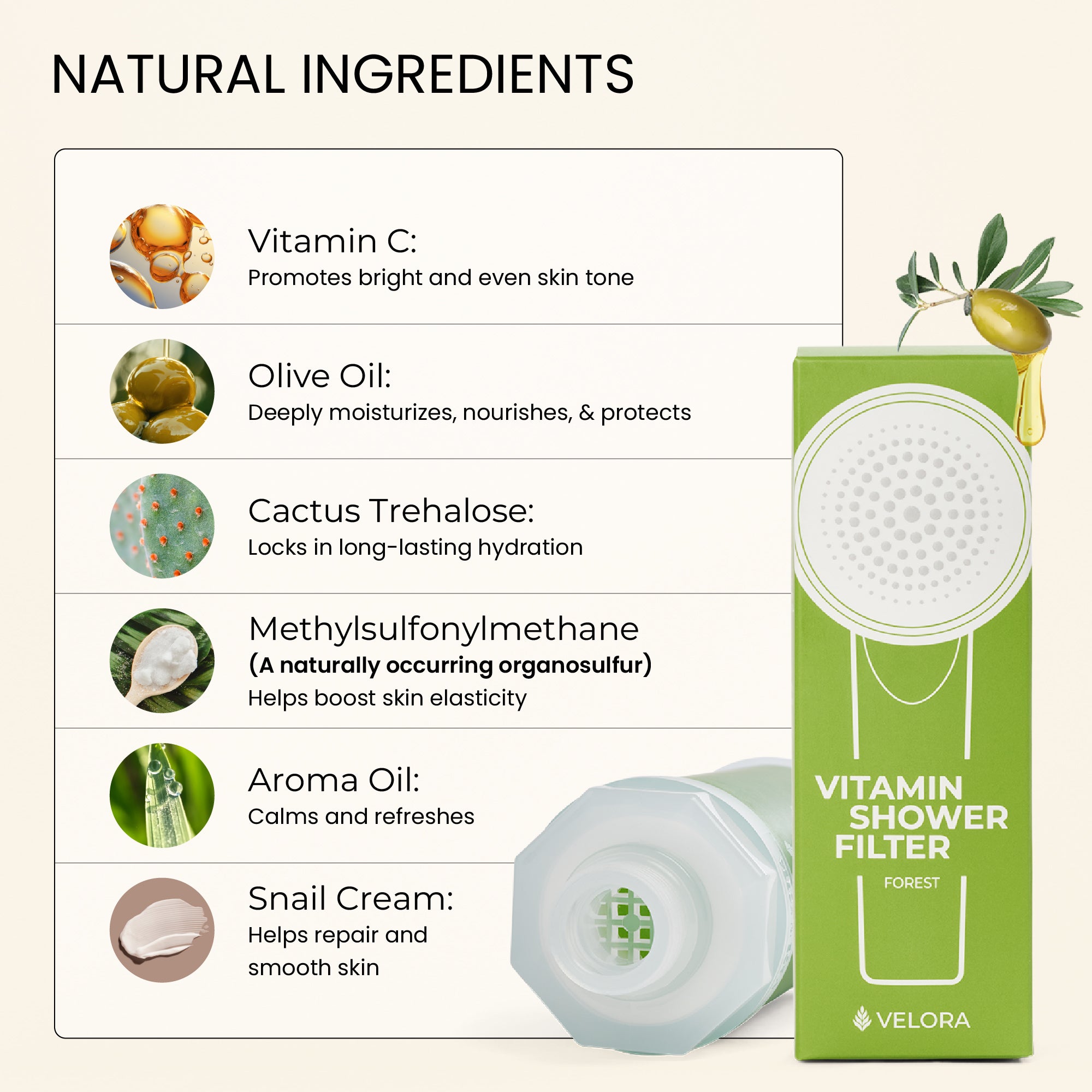 VELORA Vitamin C Shower Filter – Forest Aromatherapy Water Softener for Skin & Hair