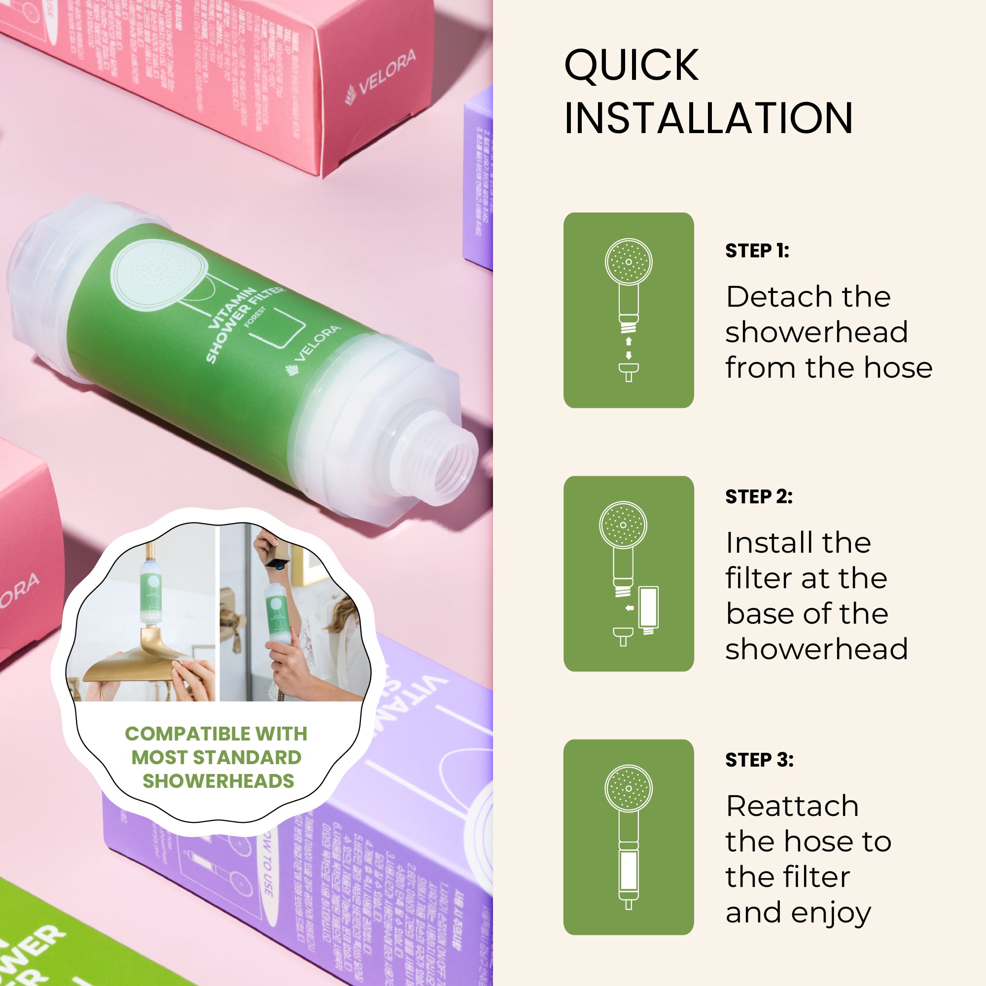 VELORA Vitamin C Shower Filter – Forest Aromatherapy Water Softener for Skin & Hair