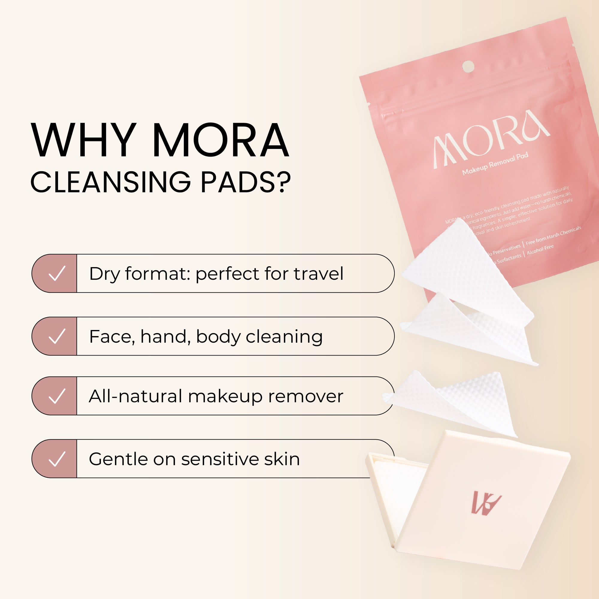 MORA Makeup Removal Pads – Standing Pouch (Pink, 30 Pads)