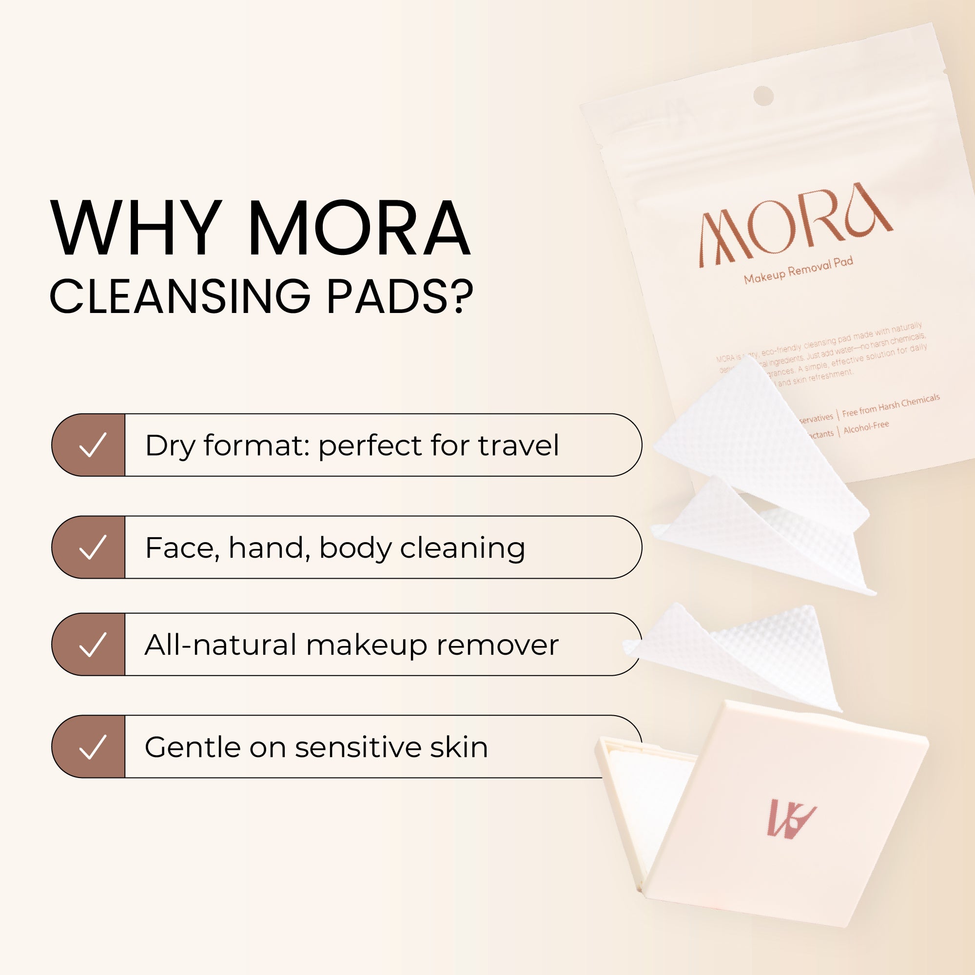 MORA Makeup Removal Pads – Standing Pouch (Ivory, 30 Pads)