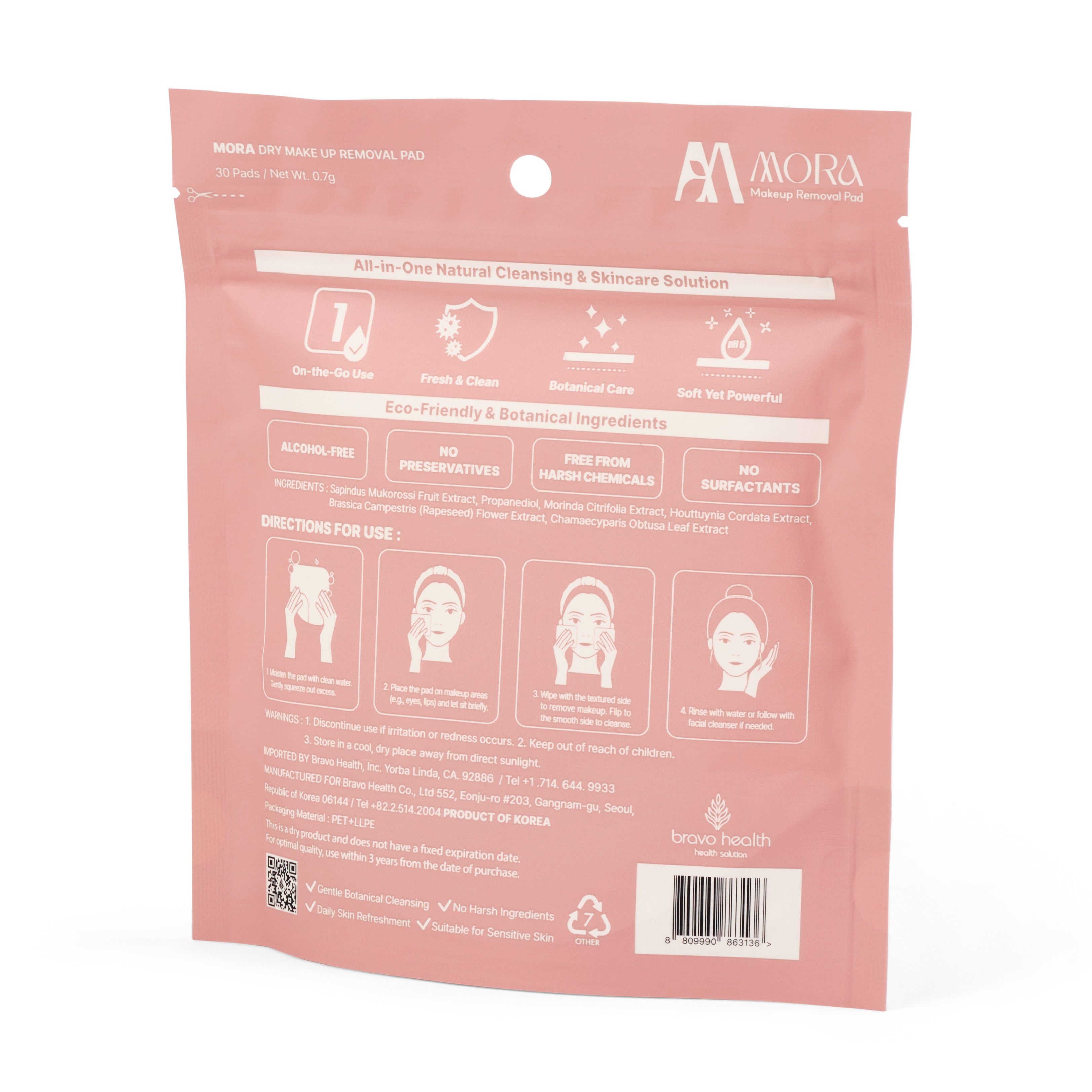 MORA Makeup Removal Pads – Standing Pouch (Pink, 30 Pads)