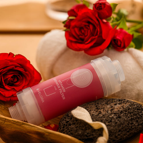 VELORA Vitamin C Shower Filter – Rose Aromatherapy Water Softener for Skin & Hair