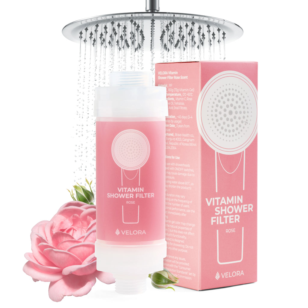 VELORA Vitamin C Shower Filter – Rose Aromatherapy Water Softener for Skin & Hair